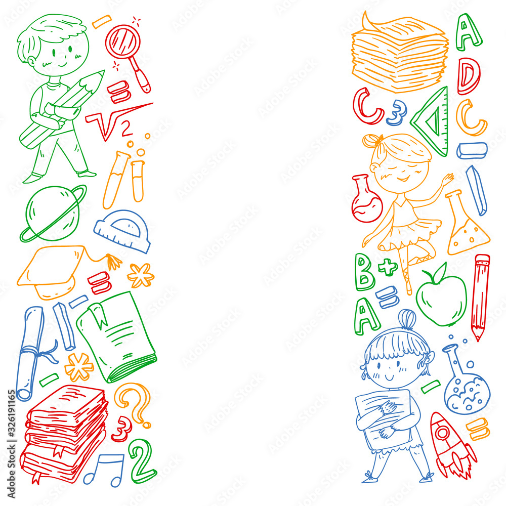 Fototapeta premium Cute school children. Imagination and creativity. Play and learn, singing, dancing, reading, drawing.