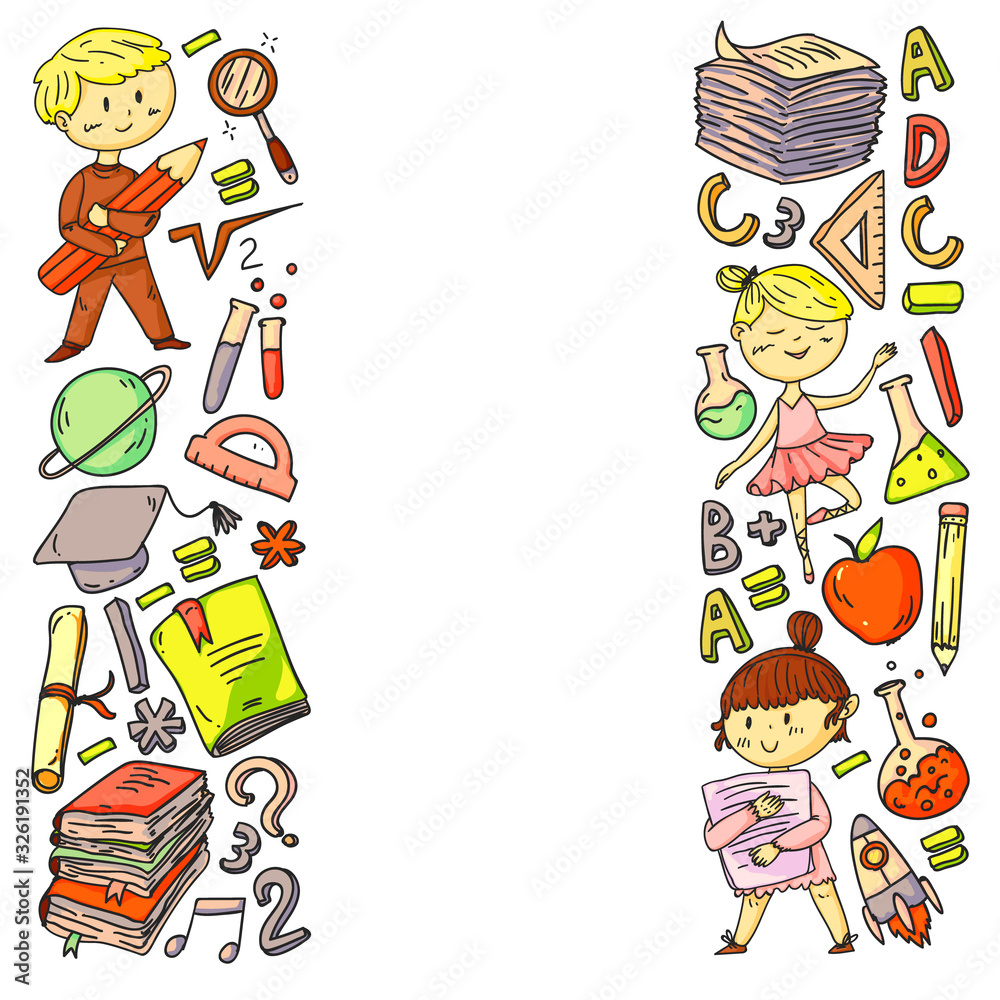 Fototapeta premium Cute school children. Imagination and creativity. Play and learn, singing, dancing, reading, drawing.