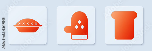Set Oven glove , Homemade pie and Bread toast. White square button. Vector