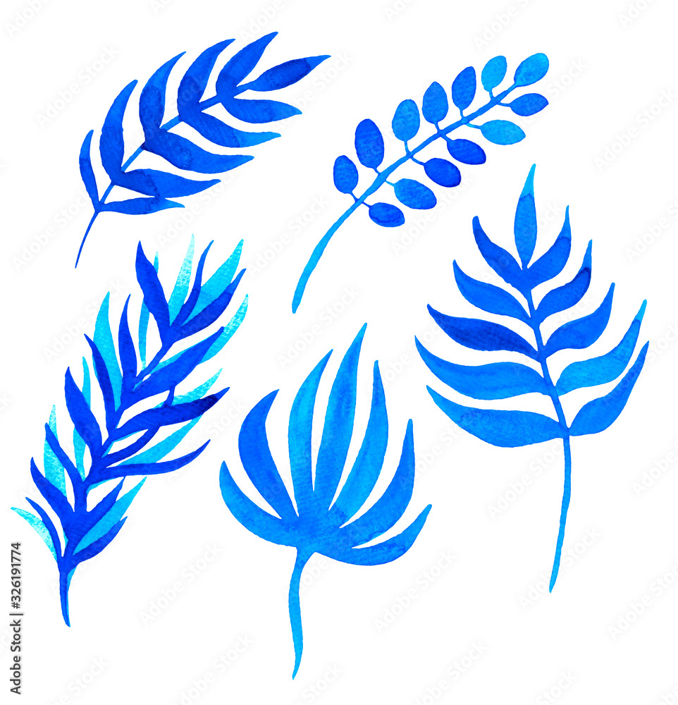 Watercolor botanical set with classic blue leaves. Hand painted elements isolated on white background. For design