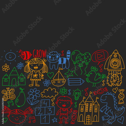 Vector pattern for kindergarten banners  posters with moon  planet  spaceship  rocket  sun  fruits  house  flowers. Creativity and imagination.