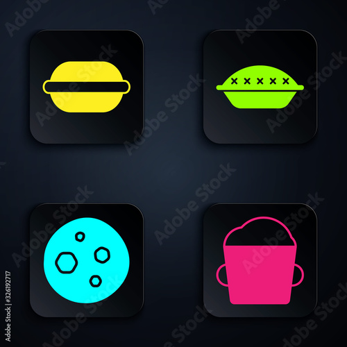 Set Bakery bowl dough , Macaron cookie , Cookie or biscuit with chocolate and Homemade pie . Black square button. Vector