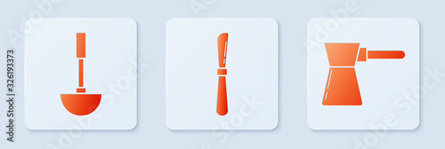 Set Knife , Kitchen ladle and Coffee turk . White square button. Vector
