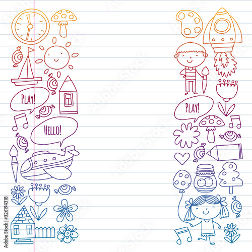 Vector pattern with little children. Kindergarten, play and grow together. Icons of toys and kids in doodle style