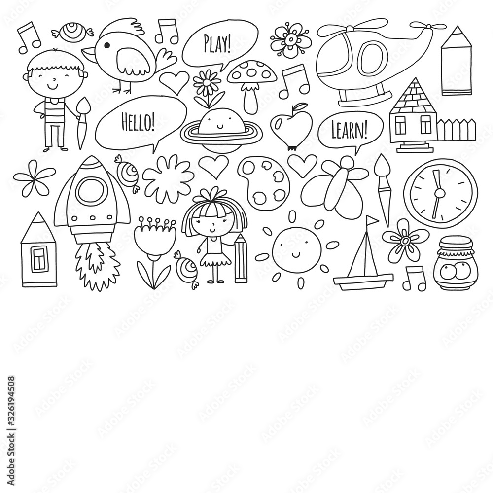 Vector pattern with little children. Kindergarten, play and grow together. Icons of toys and kids in doodle style Vector pattern with little children. Kindergarten, play and grow together. Icons of toys and kids in doodle style