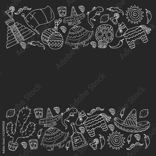 Travel to Mexico. Vector set with ethnic elemets for wallpapers, backgrounds. Day of the Dead. Sugar skull.