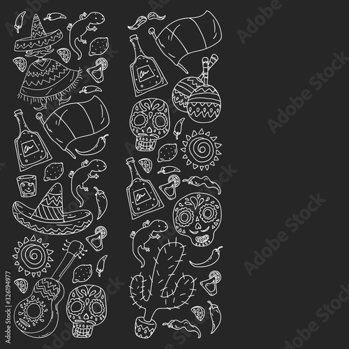 Travel to Mexico. Vector set with ethnic elemets for wallpapers, backgrounds. Day of the Dead. Sugar skull.