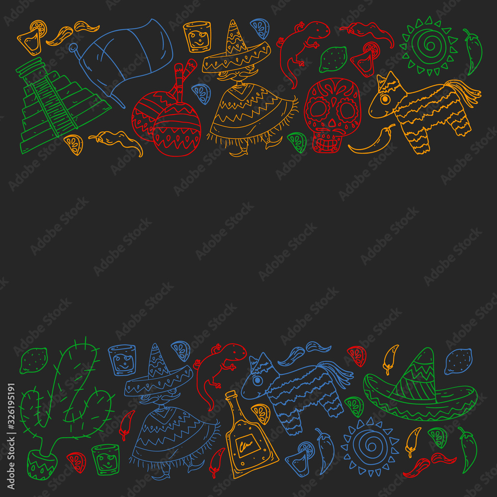 Travel to Mexico. Vector set with ethnic elemets for wallpapers, backgrounds. Day of the Dead