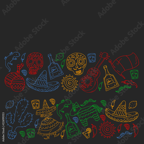 Travel to Mexico. Vector set with ethnic elemets for wallpapers, backgrounds. Day of the Dead