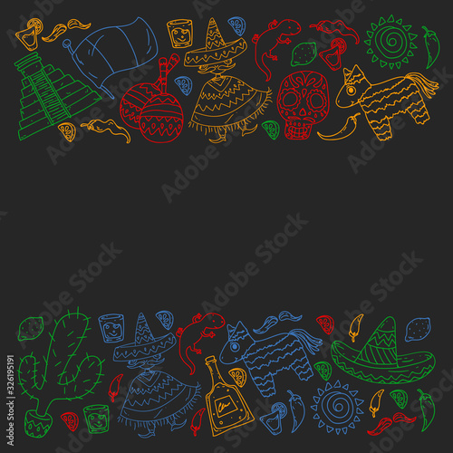 Travel to Mexico. Vector set with ethnic elemets for wallpapers  backgrounds. Day of the Dead