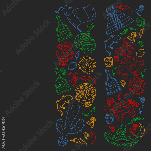 Travel to Mexico. Vector set with ethnic elemets for wallpapers, backgrounds. Day of the Dead