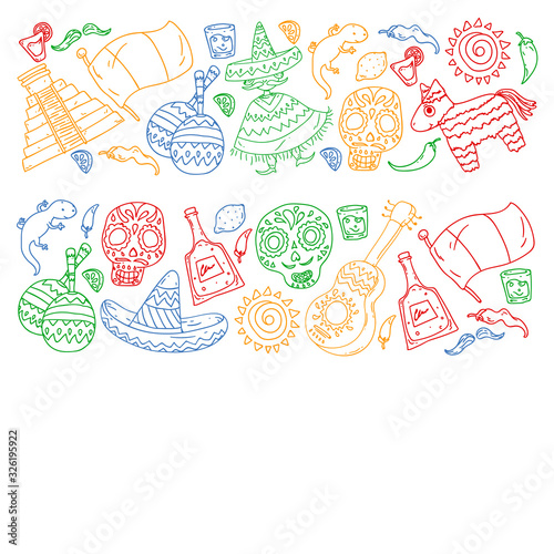 Travel to Mexico. Vector set with ethnic elemets for wallpapers, backgrounds. Day of the Dead. Sugar skull.