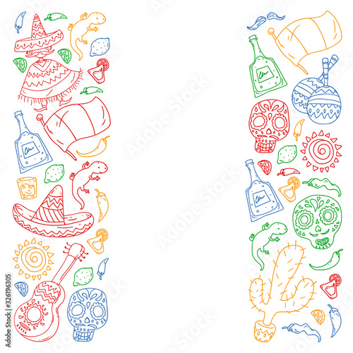 Travel to Mexico. Vector set with ethnic elemets for wallpapers, backgrounds. Day of the Dead. Sugar skull.
