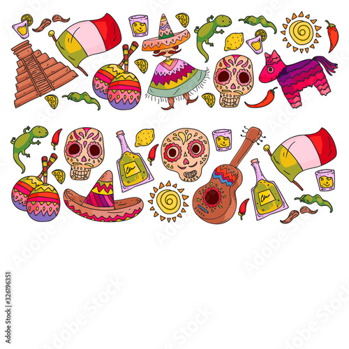 Travel to Mexico. Vector set with ethnic elemets for wallpapers, backgrounds. Day of the Dead. Sugar skull.