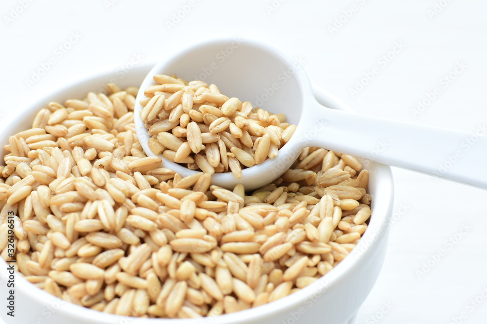 Oat grains accompanied by wheat ears in containers for display Oat grains accompanied by wheat ears in containers for display