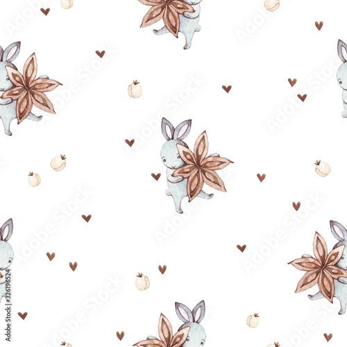 Cute baby rabbit animal with anise star and white berry seamless pattern, illustration for children clothing. Hand drawn watercolor image for cases design, nursery posters, postcards, print.