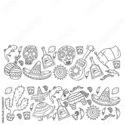 Travel to Mexico. Vector set with ethnic elemets for wallpapers, backgrounds. Day of the Dead. Sugar skull.