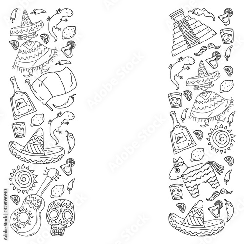 Travel to Mexico. Vector set with ethnic elemets for wallpapers, backgrounds. Day of the Dead. Sugar skull.