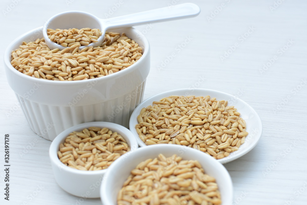 Oat grains accompanied by wheat ears in containers for display Oat grains accompanied by wheat ears in containers for display