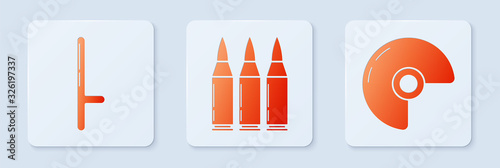 Set Bullet , Police rubber baton and Military helmet . White square button. Vector