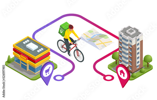 Isometric bicycle courier, Express delivery service. Courier on bicycle with parcel box on the back delivering food In city. Ecological fast delivery. City Food delivery service. Online ordering.