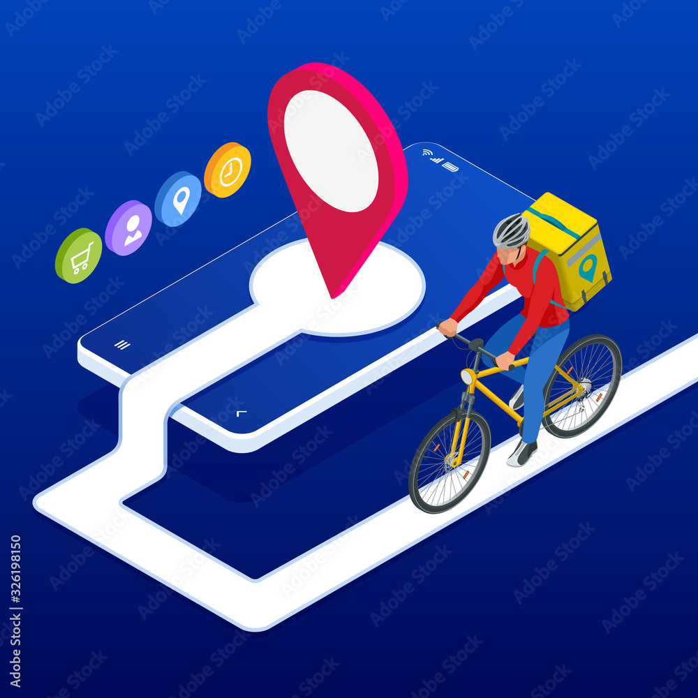 Isometric bicycle courier, Express delivery service. Courier on bicycle