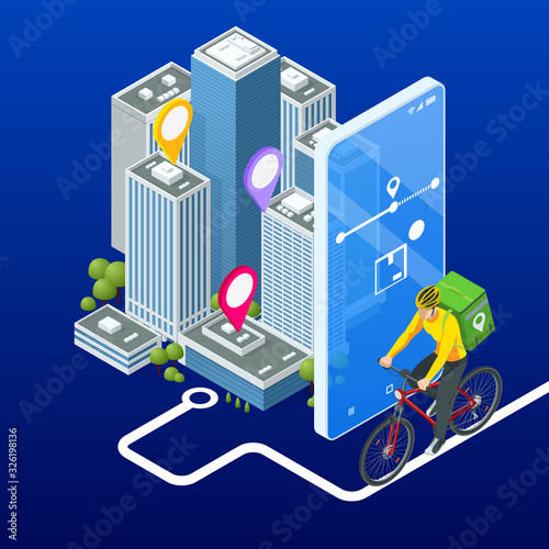 Isometric bicycle courier, Express delivery service. Courier on bicycle with parcel box on the back delivering food In city. Ecological fast delivery. City Food delivery service. Online ordering.