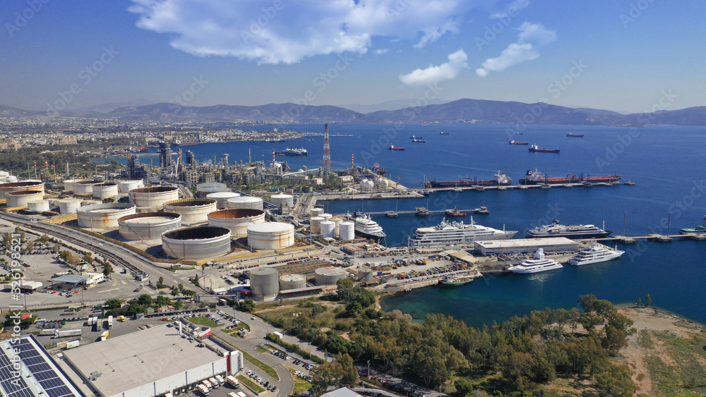 Aerial drone photo of industrial oil and gas refinery plant in Mediterranean destination