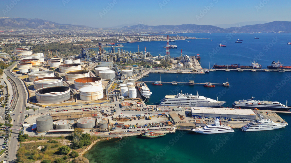 Aerial drone photo of industrial oil and gas refinery plant in Mediterranean destination