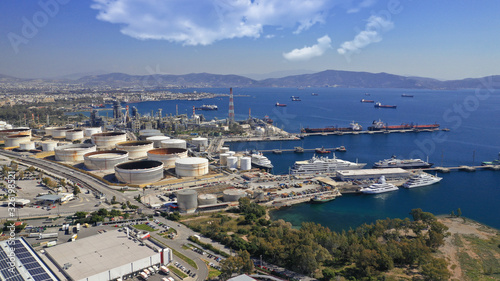 Aerial drone photo of industrial oil and gas refinery plant in Mediterranean destination