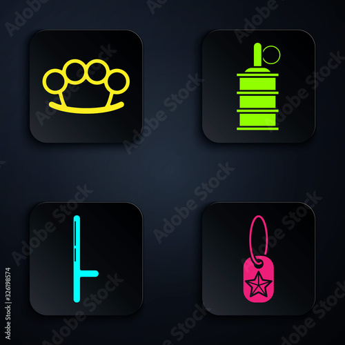 Set Military dog tag , Brass knuckles , Police rubber baton and Hand grenade . Black square button. Vector