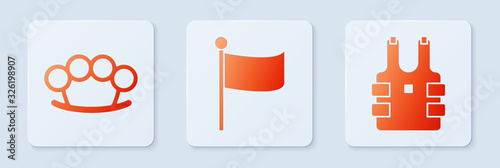 Set Flag , Brass knuckles and Bulletproof vest for protection from bullets . White square button. Vector