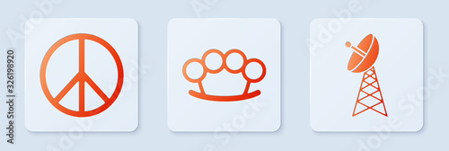 Set Brass knuckles , Peace and Radar . White square button. Vector