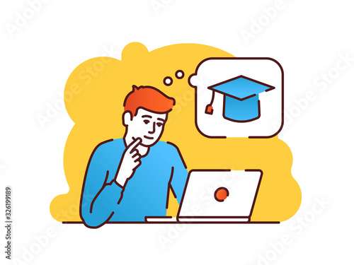 Young redheaded man sitting in front of a laptop and thinking about e-learning flat vector illustration. Distance learning. Isolated cartoon character with speech bubble on a yellow background.