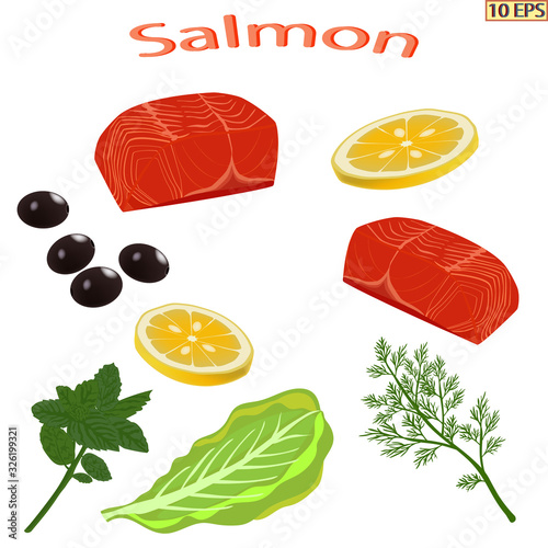 Steak of fish, lemon, olives and dill. Piece of salmon isolated on white background. Vector illustration of fish. Design of the menu. Seafood.