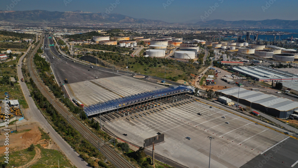 Fototapeta premium Aerial drone photo of main toll gate of Elefsina in National road of Athens - Corinth, Greece