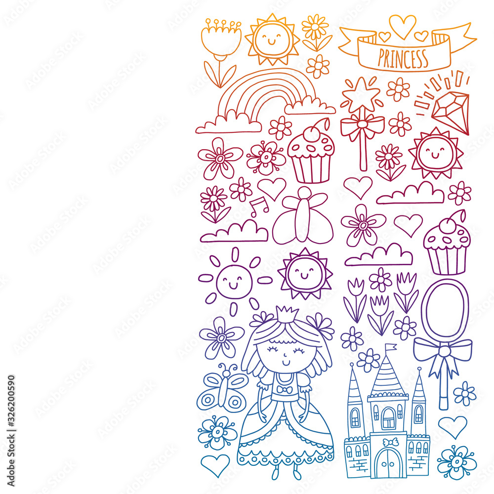 Vector pattern for little girls. Princess illustration for happy birthday party. Blackboard chalk illustration Vector pattern for little girls. Princess illustration for happy birthday party. Blackboard chalk illustration