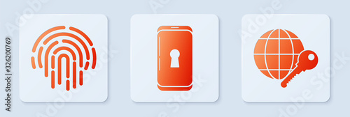 Set Smartphone with lock , Fingerprint and Globe key . White square button. Vector