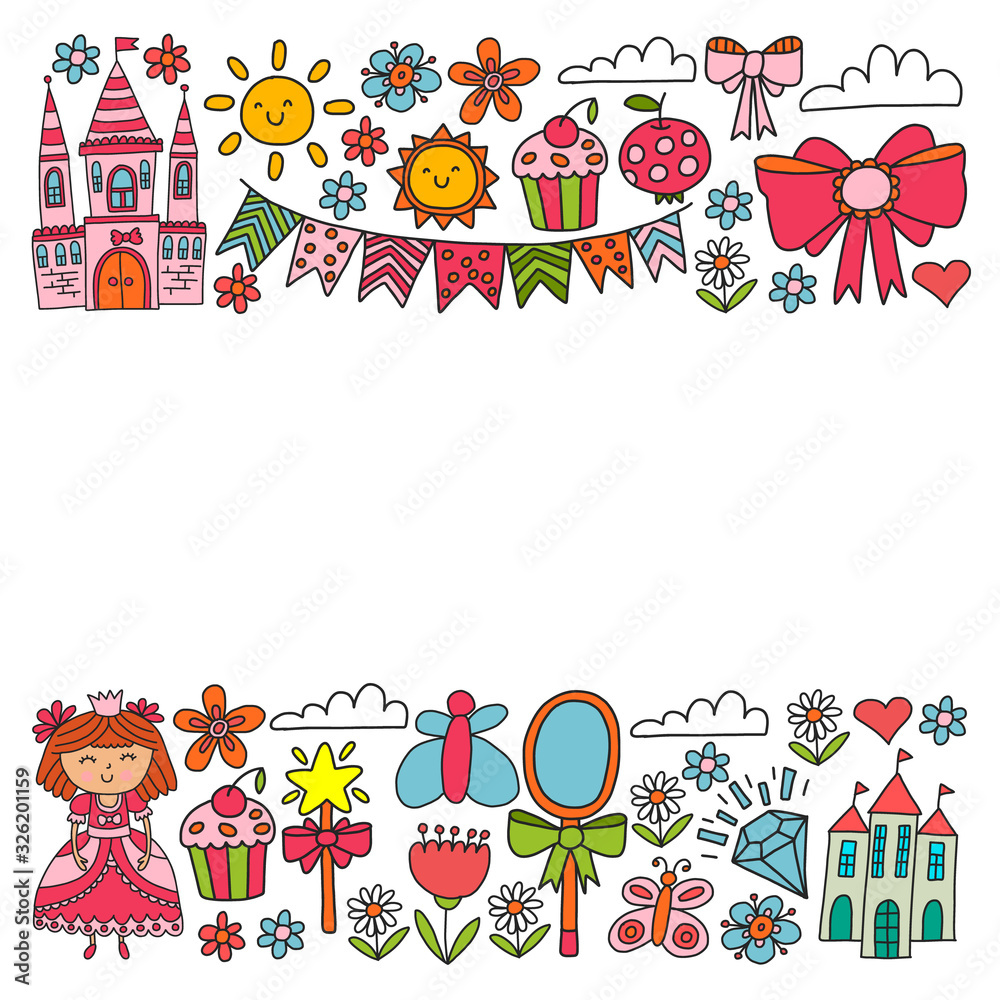 Vector pattern for little girls. Princess illustration for happy birthday party. Vector pattern for little girls. Princess illustration for happy birthday party.