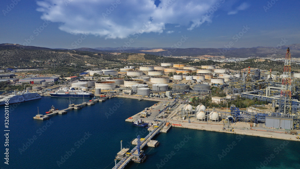 Aerial drone panoramic photo of industrial area of Elefsina and Helenic Refinery and Petroleum plant, Attica, Greece Aerial drone panoramic photo of industrial area of Elefsina and Helenic Refinery and Petroleum plant, Attica, Greece