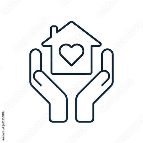 Hands holding home with heart inside. Shelter,