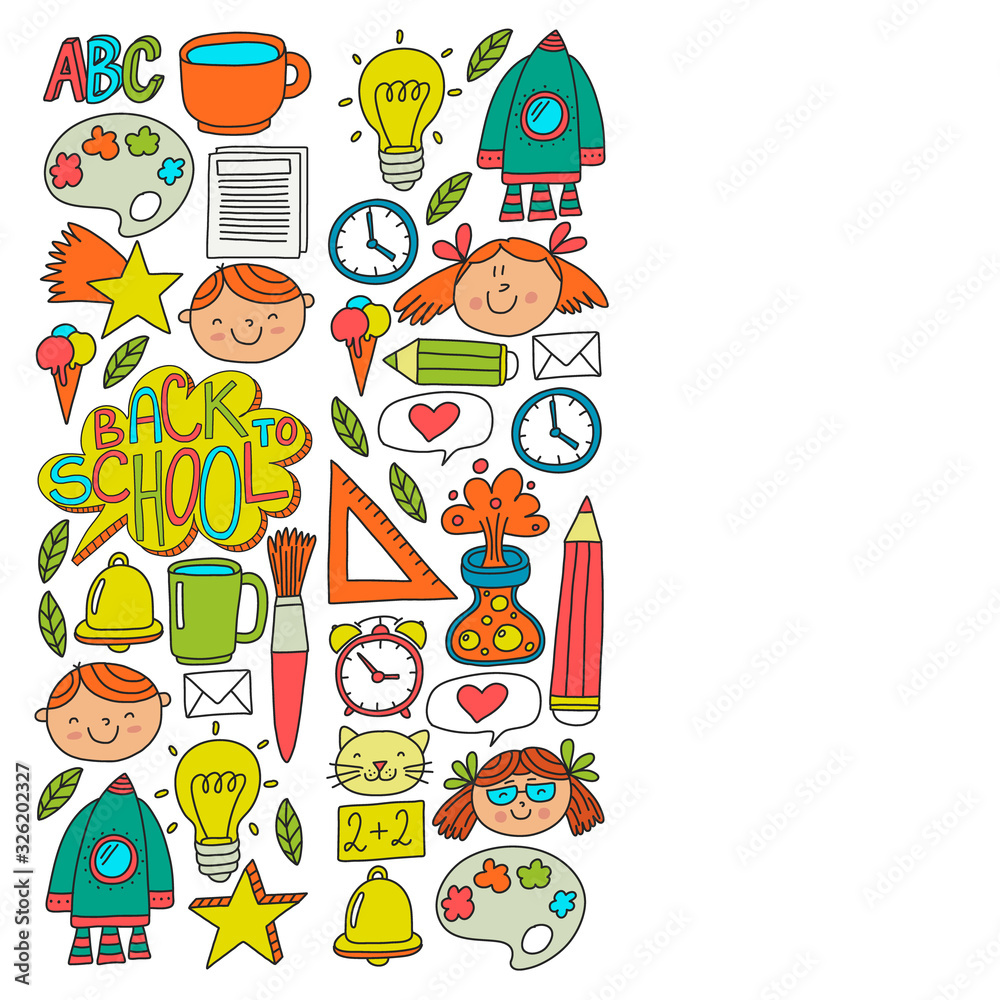 Fototapeta premium Vector pattern with back to school icons for posters, banners, covers. Kids, children education.