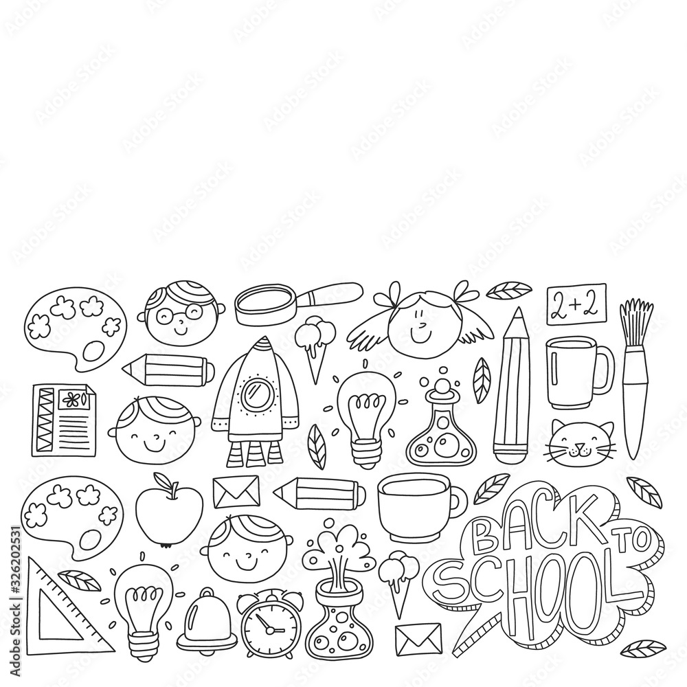 Vector pattern with back to school icons for posters, banners, covers. Kids, children education.