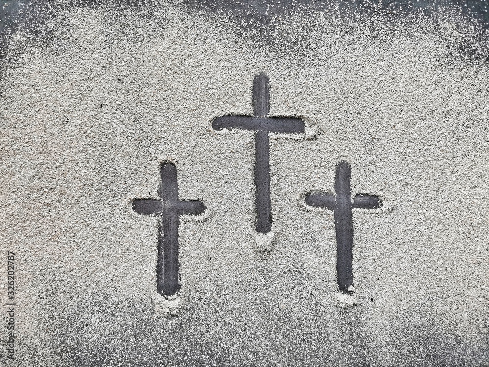 Ash Wednesday. Ash and christian cross symbol as a religion concept. Top view. 