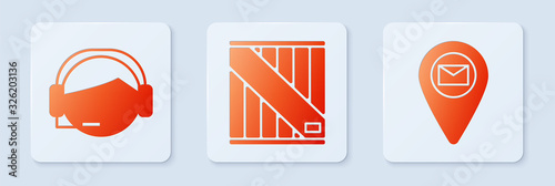 Set Wooden box , Support operator in touch and Placeholder on map paper. White square button. Vector