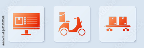 Set Scooter delivery , Computer monitor with app delivery tracking and Railway carriage . White square button. Vector