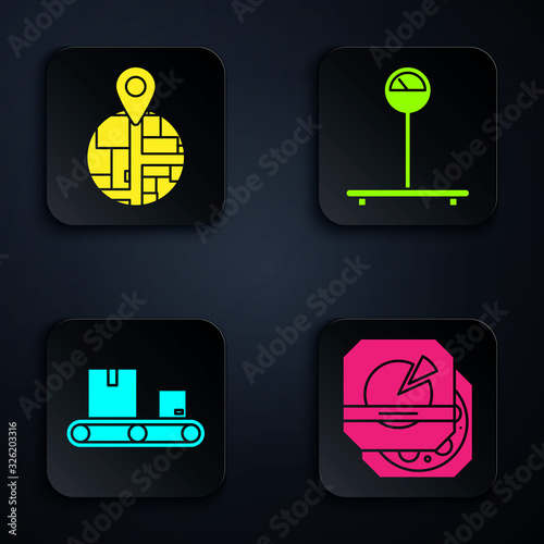 Set Pizza in cardboard box , Placeholder on map paper in perspective , Conveyor belt with cardboard box and Scale . Black square button. Vector