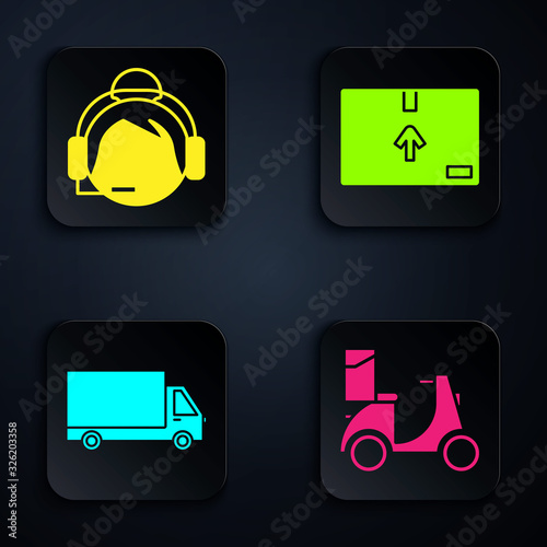 Set Scooter delivery , Support operator in touch, Delivery cargo truck vehicle and Cardboard box with traffic symbol . Black square button. Vector