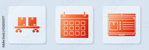 Set Calendar , Railway carriage and Laptop with app delivery tracking . White square button. Vector