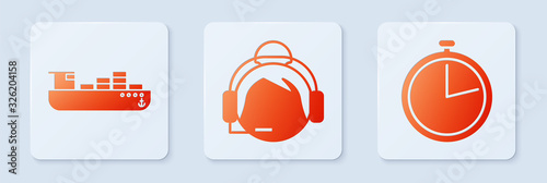 Set Support operator in touch, Cargo ship with boxes delivery service and Stopwatch . White square button. Vector
